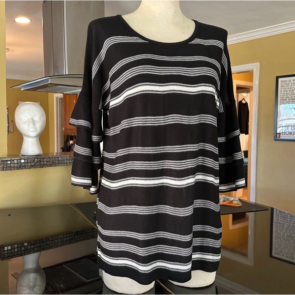 Calvin Klein Black & White Stripe Ruffled Bell Sleeve Scoop Neck Tunic Sweater - Picture 4 of 12